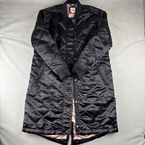 GAP Quilted Bomber Jacket Womens S Black Shiny Elongated Satin Pink Lining Coat